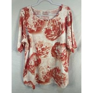 Quacker Factory 2XL Pink White Roses Bling Floral Tee Shirt SIZE TAG IS MISSING